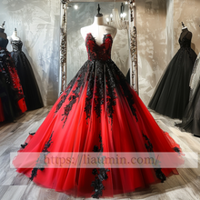 Load image into Gallery viewer, Black Lace Applique Strapless Full Length Evening Party Prom Princess Dress  W13-4
