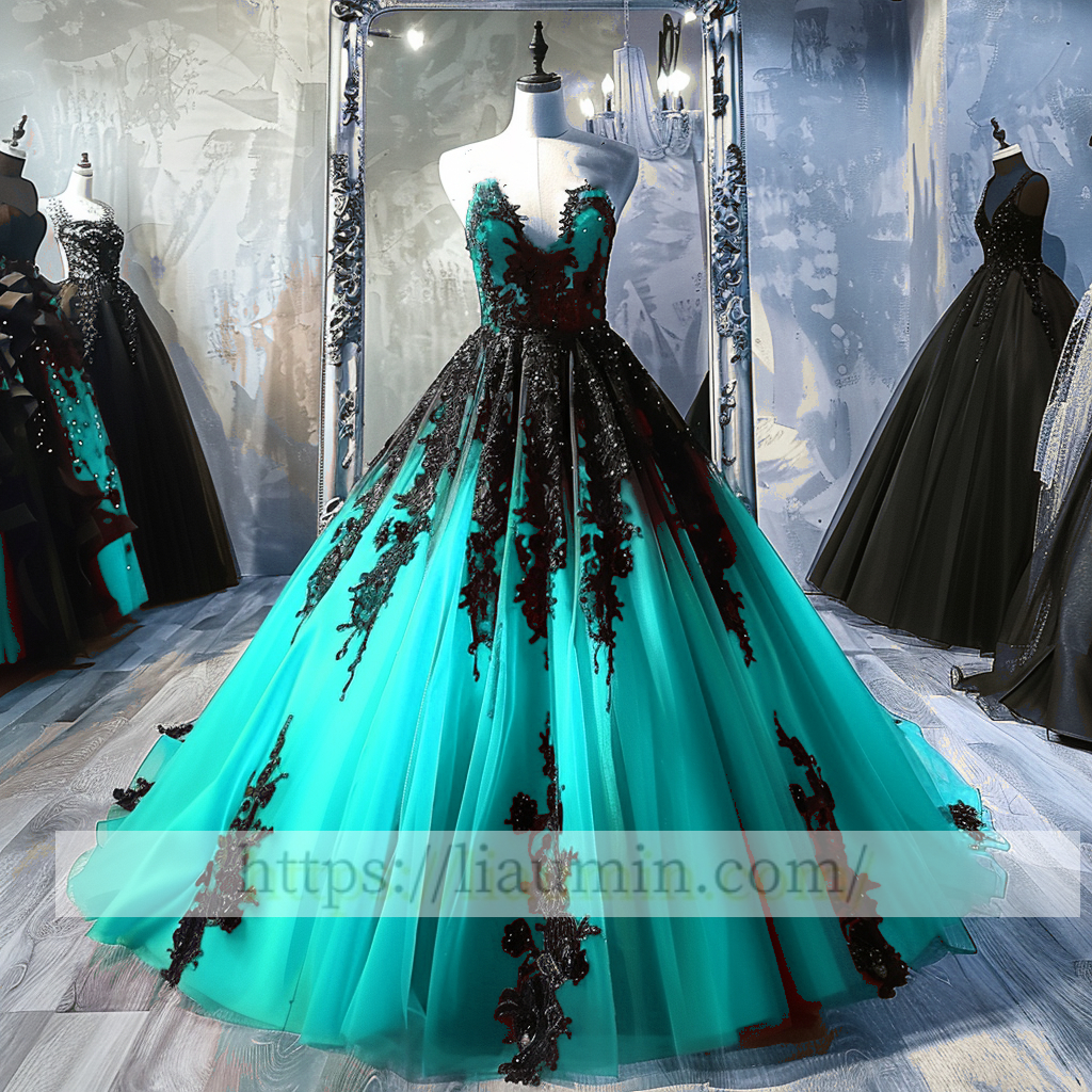 Black Lace Applique Strapless Full Length Evening Party Prom Princess Dress  W13-4