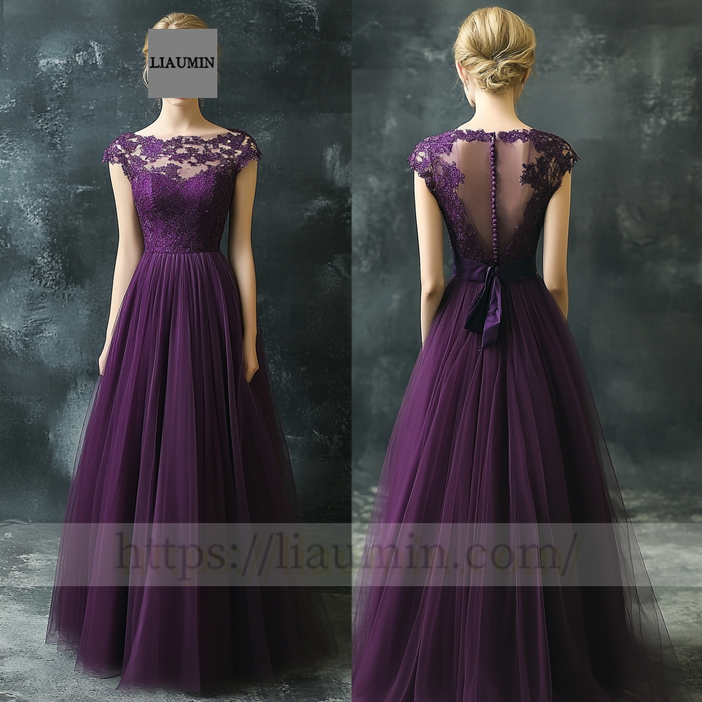 Custom Purple Tulle and Lace Applique Wedding Evening Prom Formal Lace Up Back Princess Dress C-4.2