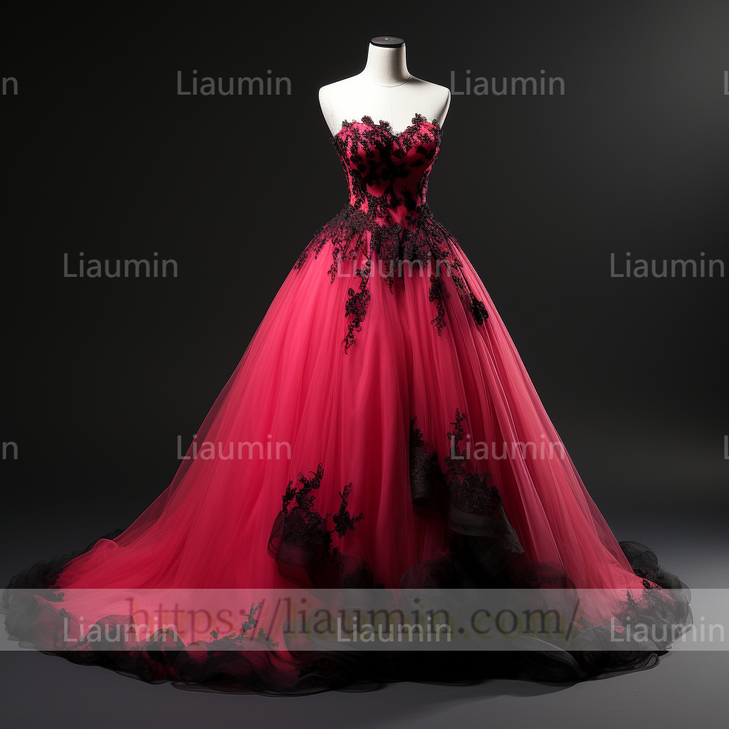 Rose Red Tulle Black Lace Applique Strapless Evening Party Prom Formal Occasion Princess Dress B-4.2