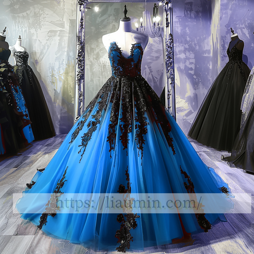 Black Lace Applique Strapless Full Length Evening Party Prom Princess Dress  W13-4