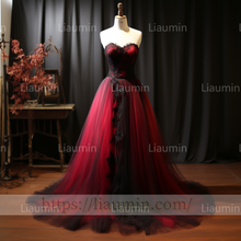 Load image into Gallery viewer, Rose Red Tulle Black Lace Applique Strapless Evening Party Prom Formal Dress B-4.3
