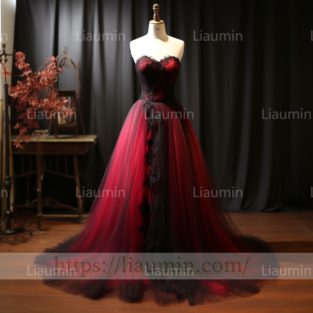 Rose Red Tulle Black Lace Applique Strapless Evening Party Prom Formal Dress B-4.3