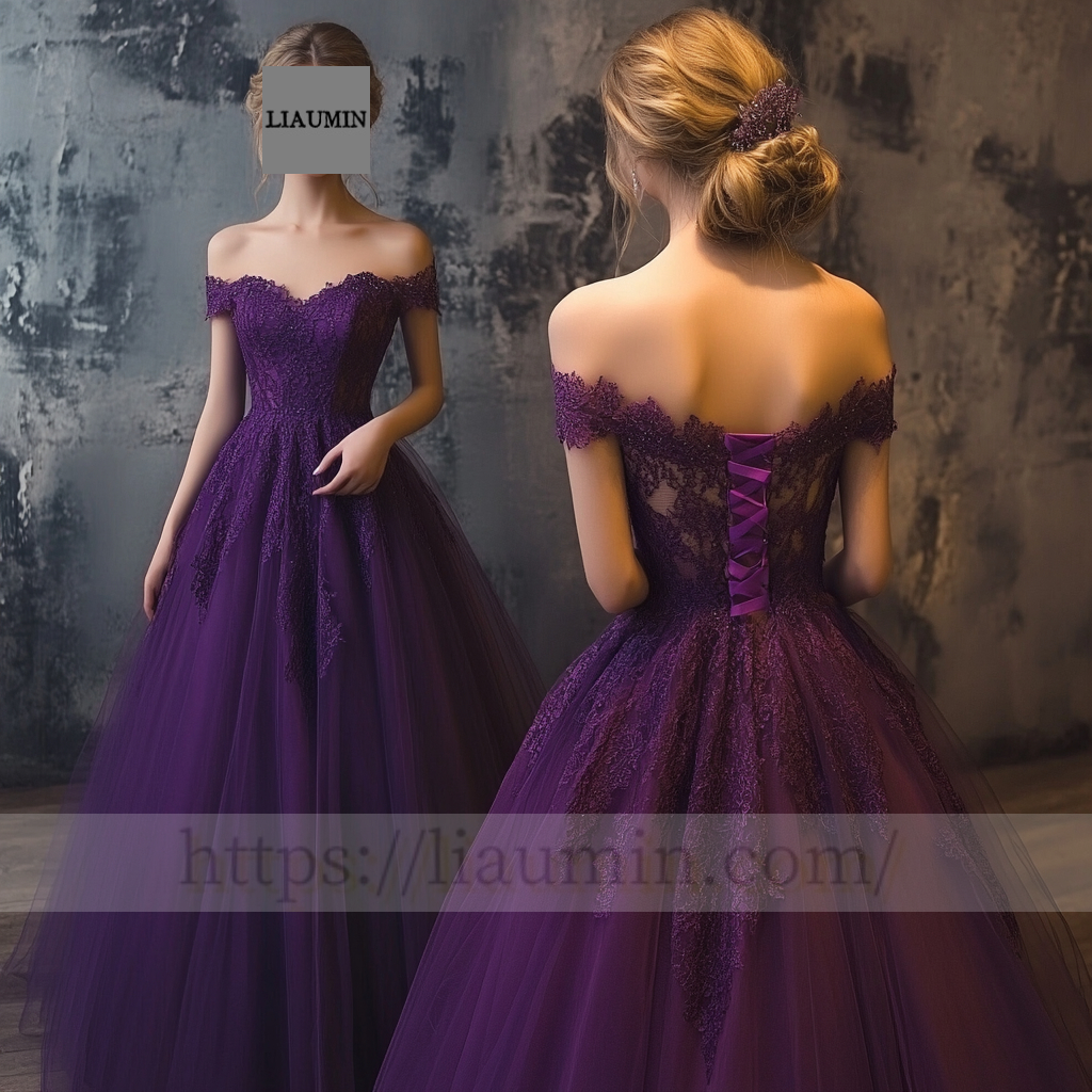 Custom Purple Tulle and Lace Applique Off Shoulder Wedding Evening Prom Formal Lace Up Back Princess Dress C-4.3