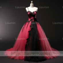 Load image into Gallery viewer, Rose Red Tulle Black Lace Applique Lace Up Back Evening Party Prom Formal Dress B-4.4
