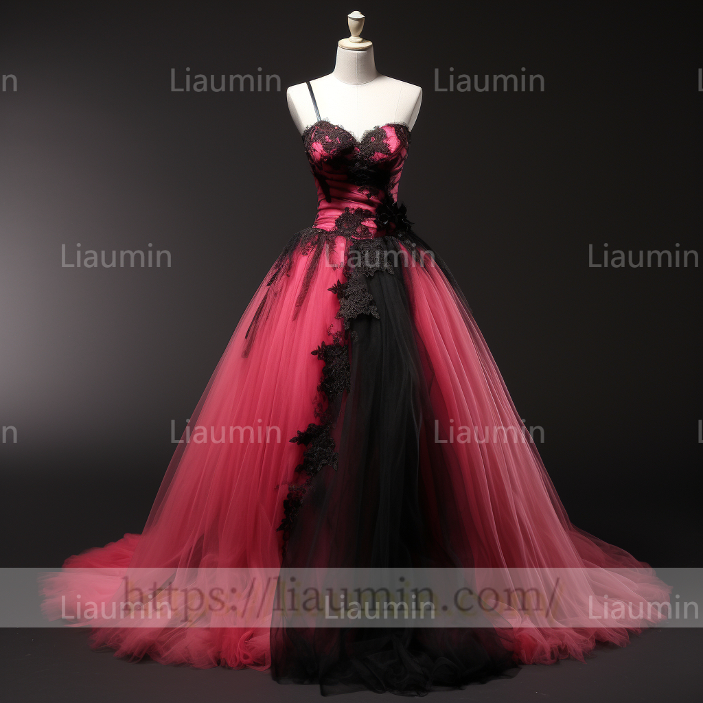 Rose Red Tulle Black Lace Applique Lace Up Back Evening Party Prom Formal Dress B-4.4