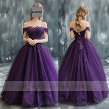 Load image into Gallery viewer, Custom Made Purple Tulle and Lace Applique Off Shoulder Wedding Evening Prom Formal Lace Up Back Princess Dress C-4.4
