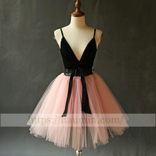 Load image into Gallery viewer, Pink and Black Tulle Short Length V Neck Evening Prom Formal Princess Homecoming Dress Custom Size W15-4.5
