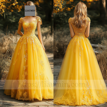 Load image into Gallery viewer, Custom Made Yellow Tulle and Lace Applique Off Shoulder Wedding Evening Prom Formal Lace Up Back Princess Dress C-4.5
