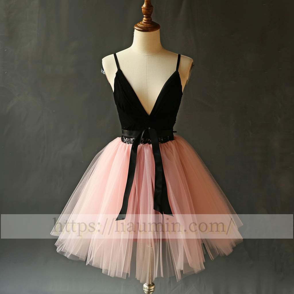 Pink and Black Tulle Short Length V Neck Evening Prom Formal Princess Homecoming Dress Custom Size W15-4.5