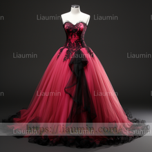 Load image into Gallery viewer, Rose Red Tulle Black Lace Applique Strapless Evening Party Prom Formal Dress B-4.5
