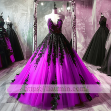 Load image into Gallery viewer, Black Lace Applique Strapless Full Length Evening Party Prom Princess Dress  W13-4
