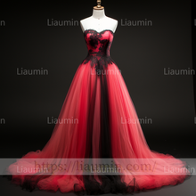 Load image into Gallery viewer, Rose Red Tulle Black Lace Applique Lace Up Back Evening Party Prom Formal Dress B-4.6
