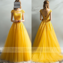 Load image into Gallery viewer, Custom Yellow Tulle and Lace Applique Off Shoulder Wedding Evening Prom Formal Lace Up Back Princess Dress C-4.6
