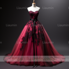 Load image into Gallery viewer, Custom Rose Red Tulle Black Lace Applique Strapless Evening Party Prom Formal Dress B-4.7
