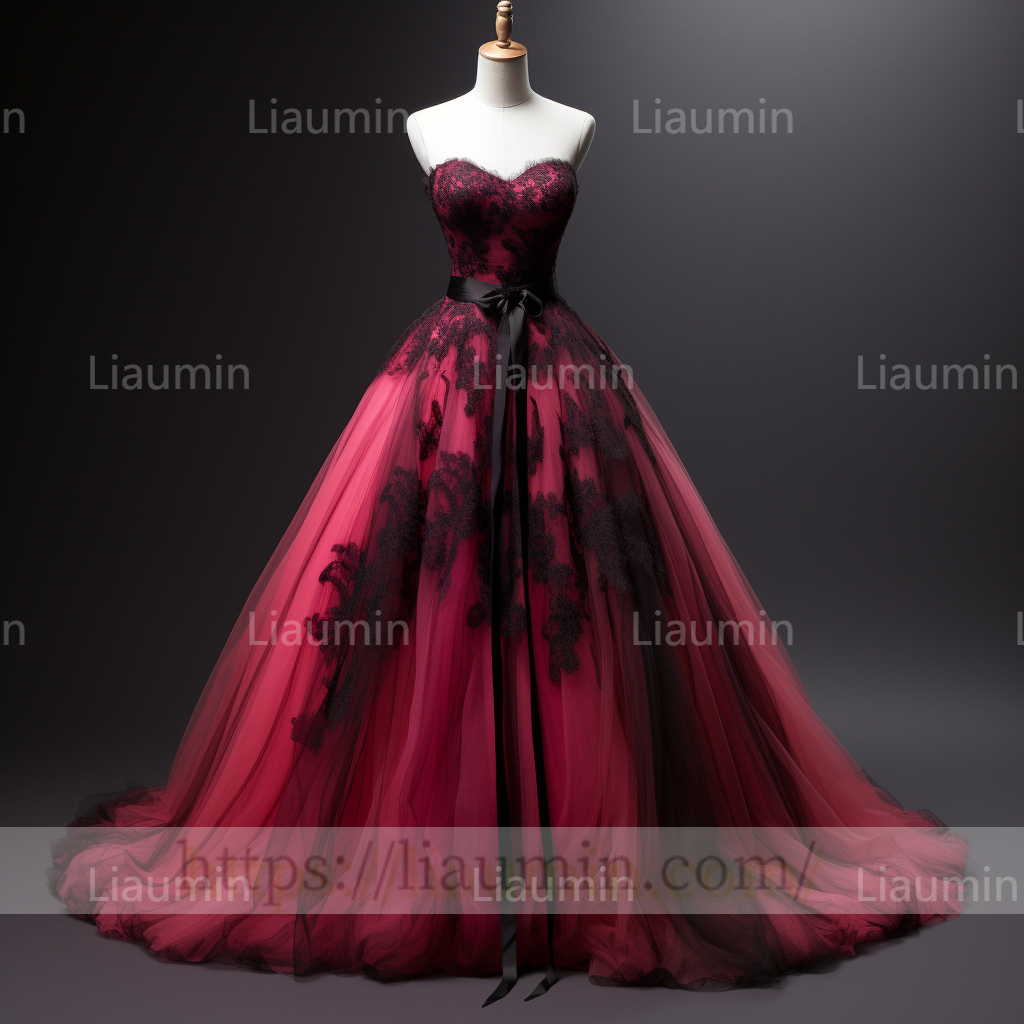 Custom Rose Red Tulle Black Lace Applique Strapless Evening Party Prom Formal Dress B-4.7