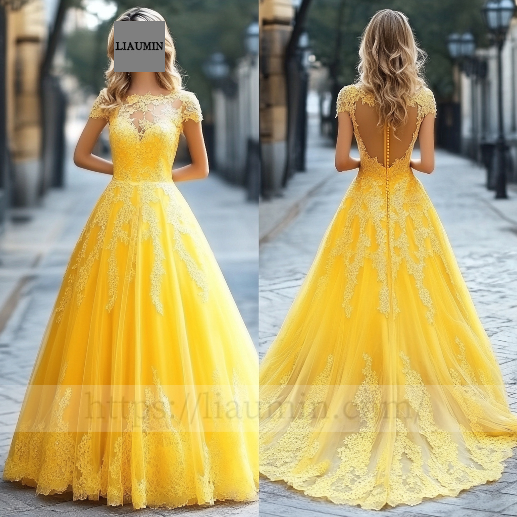 Custom Yellow Tulle and Lace Applique Cap Sleeve Wedding Evening Prom Formal Lace Up Back Princess Dress C-4.7