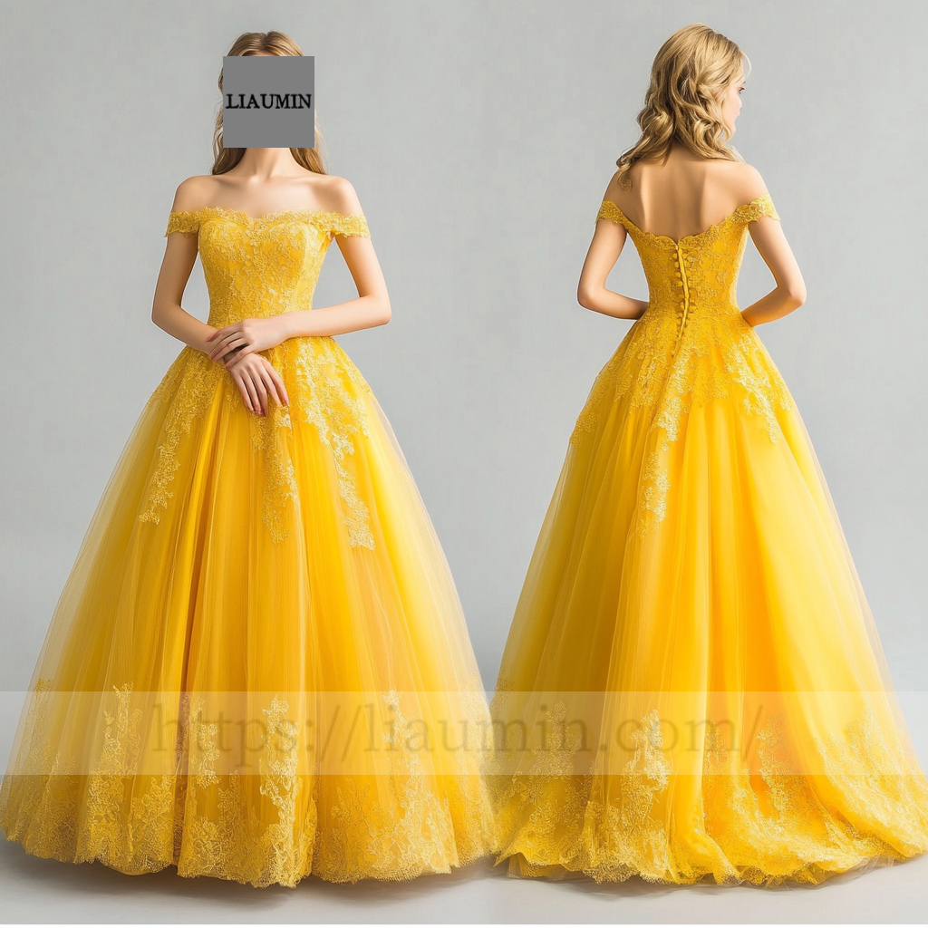 Custom Yellow Tulle and Lace Applique Off Shoulder Wedding Evening Prom Formal Lace Up Back Princess Dress C-4.8