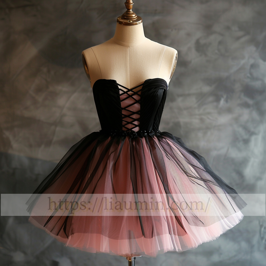 Pink and Black Tulle Strapless Short Length Evening Prom Formal Princess Homecoming Dress Custom Size W15-4.8