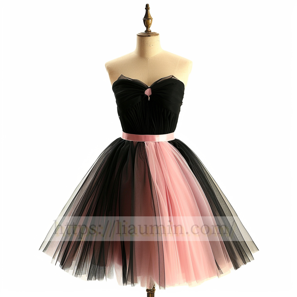 Pink and Black Tulle Strapless Short Length Evening Prom Formal Princess Homecoming Dress Custom Size W15-4.9