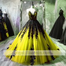 Load image into Gallery viewer, Black Lace Applique Strapless Full Length Evening Party Prom Princess Dress  W13-4
