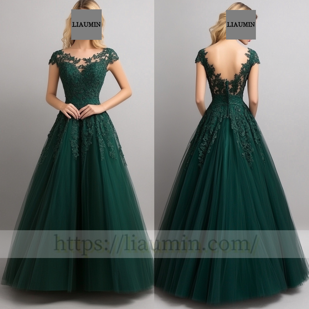 Custom Green Tulle and Lace Applique Wedding Evening Prom Formal Lace Up Back Princess Dress C-4.9