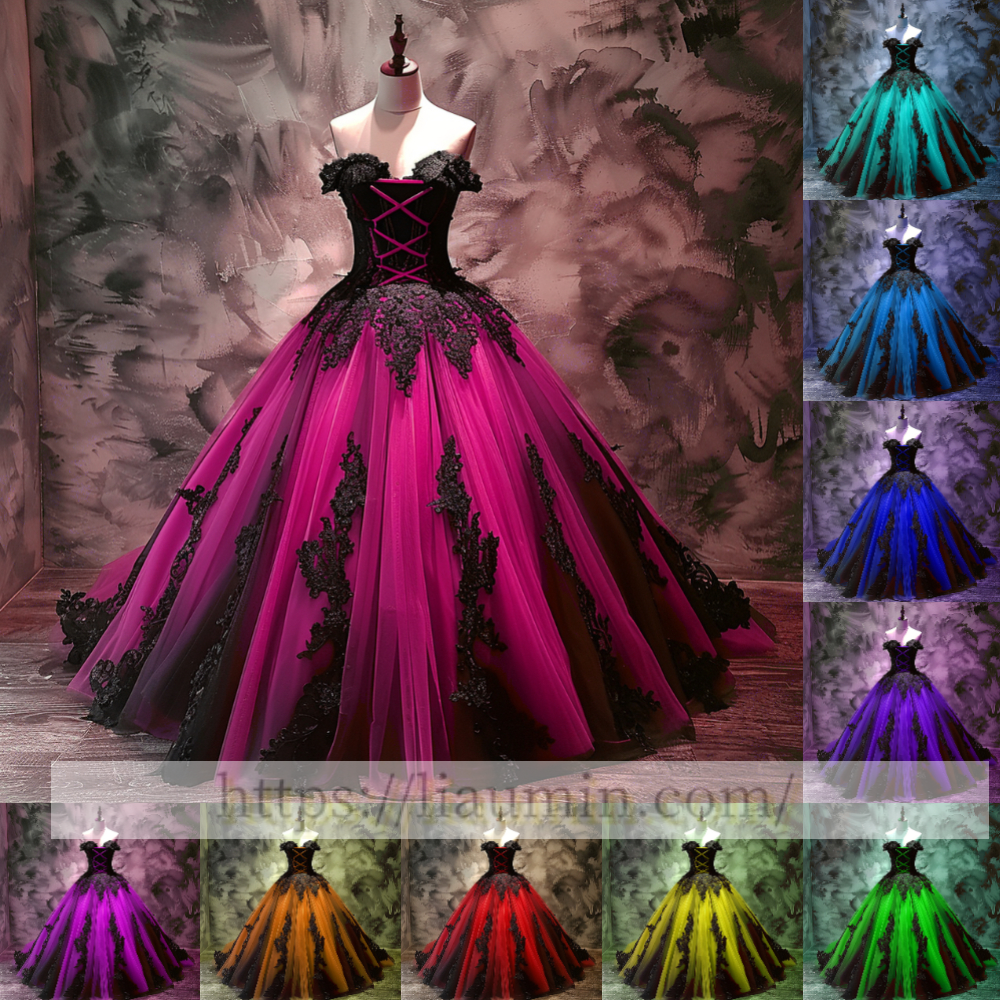 Black Lace Applique Strapless Full Length Evening Party Prom Princess Dress  W13-5