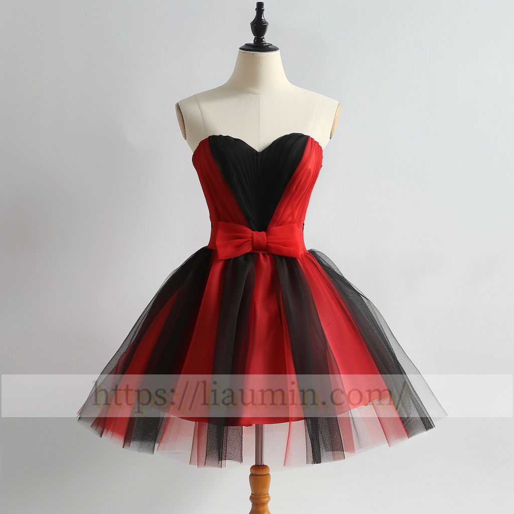 Red and Black Tulle Sweetheart Short Length Evening Prom Formal Princess Homecoming Dress Hand Made W15-5.10