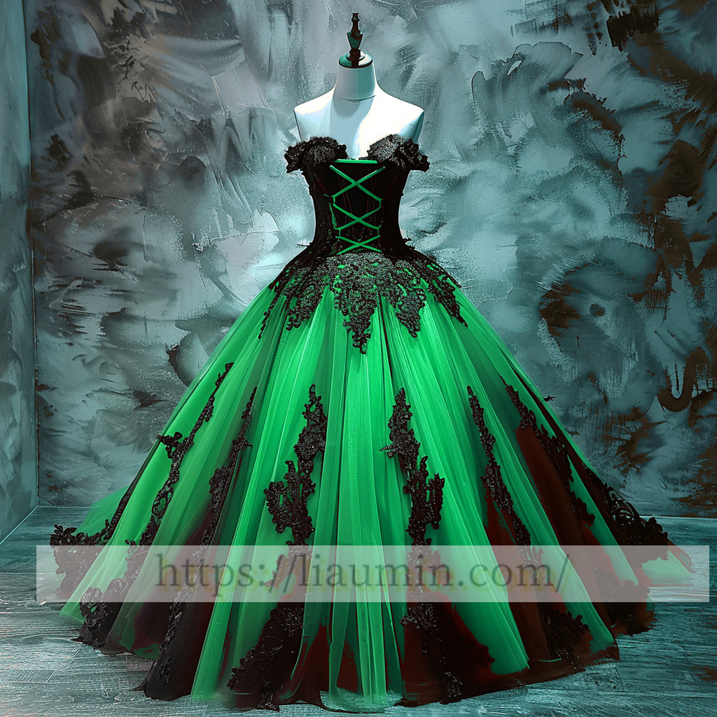 Black Lace Applique Strapless Full Length Evening Party Prom Princess Dress  W13-5