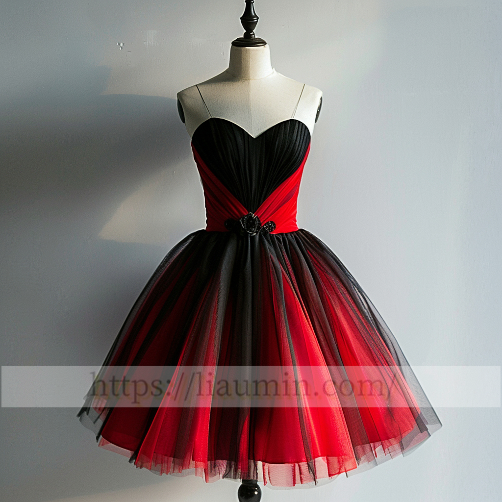 Red and Black Tulle Sweetheart Short Length Evening Prom Formal Princess Homecoming Dress Hand Made W15-5.11