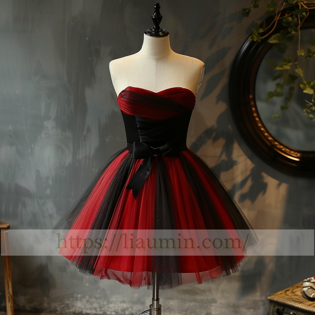 Red and Black Tulle Strapless Short Length Evening Prom Formal Princess Homecoming Dress Custom W15-5.1