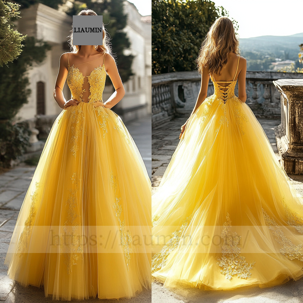 Custom Yellow Tulle and Lace Applique Wedding Evening Prom Formal Lace Up Back Princess Dress C-5.1