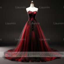 Load image into Gallery viewer, Custom Red Tulle Black Lace Applique Strapless Evening Party Prom Formal Dress B-5.1
