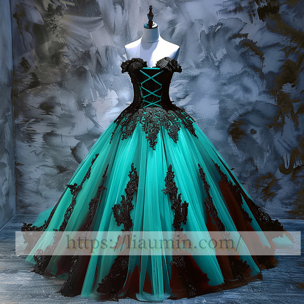 Black Lace Applique Strapless Full Length Evening Party Prom Princess Dress  W13-5