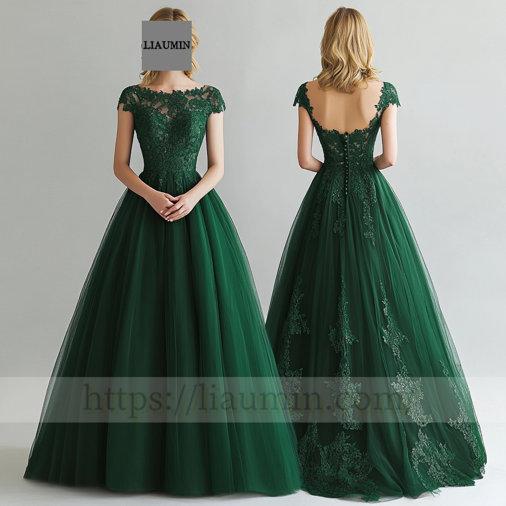 Custom Green Tulle and Lace Applique Wedding Evening Prom Formal Lace Up Back Princess Dress C-5.2