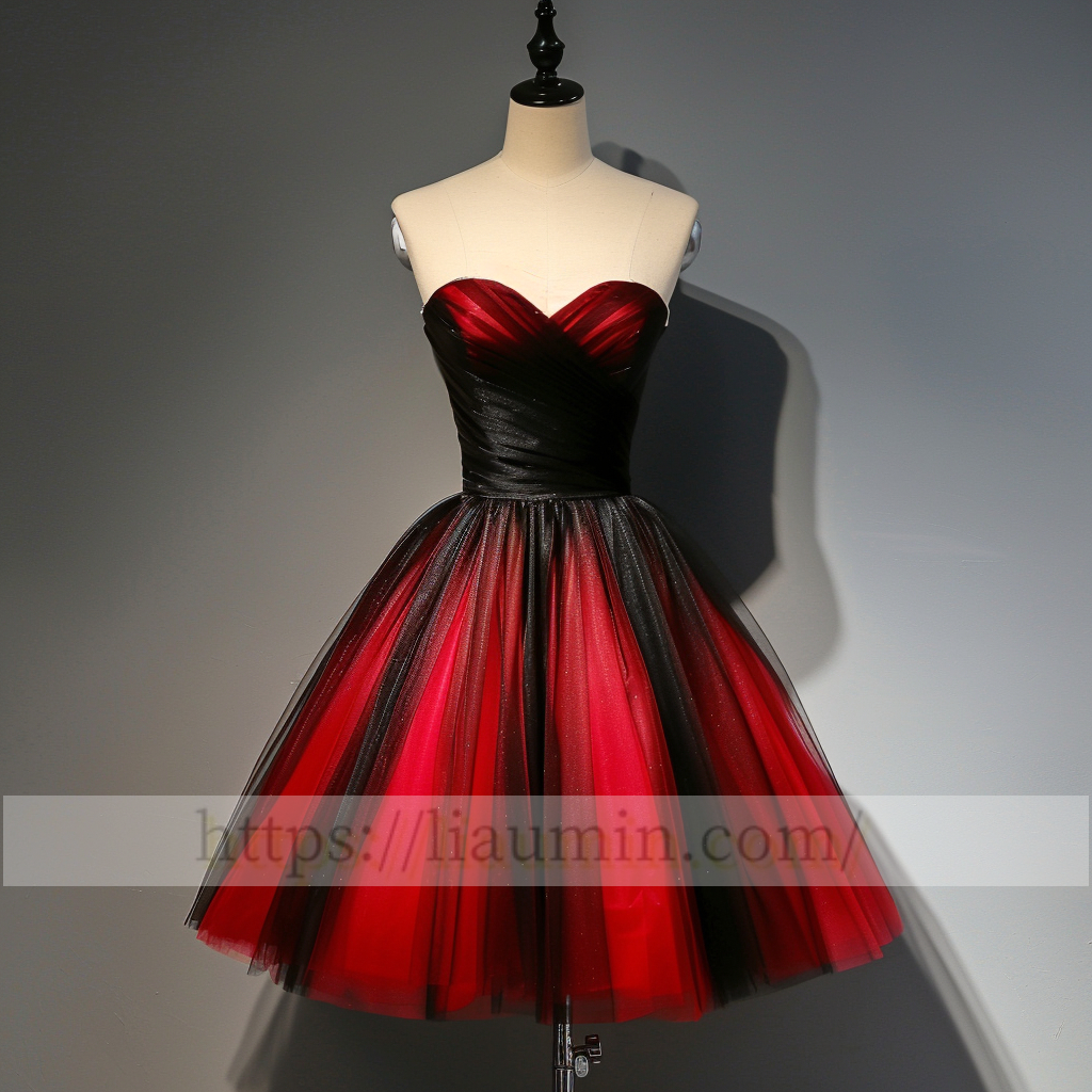 Red and Black Tulle Strapless Short Length Evening Prom Formal Princess Homecoming Dress Custom Size W15-5.2