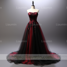 Load image into Gallery viewer, Red Tulle Black Lace Applique Lace Up Back Evening Party Prom Formal Dress B-5.2
