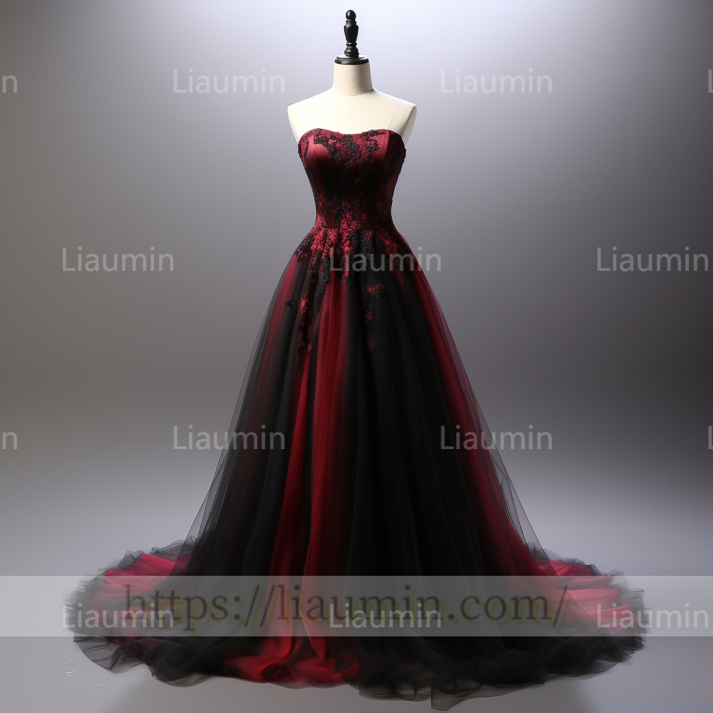 Red Tulle Black Lace Applique Lace Up Back Evening Party Prom Formal Dress B-5.2