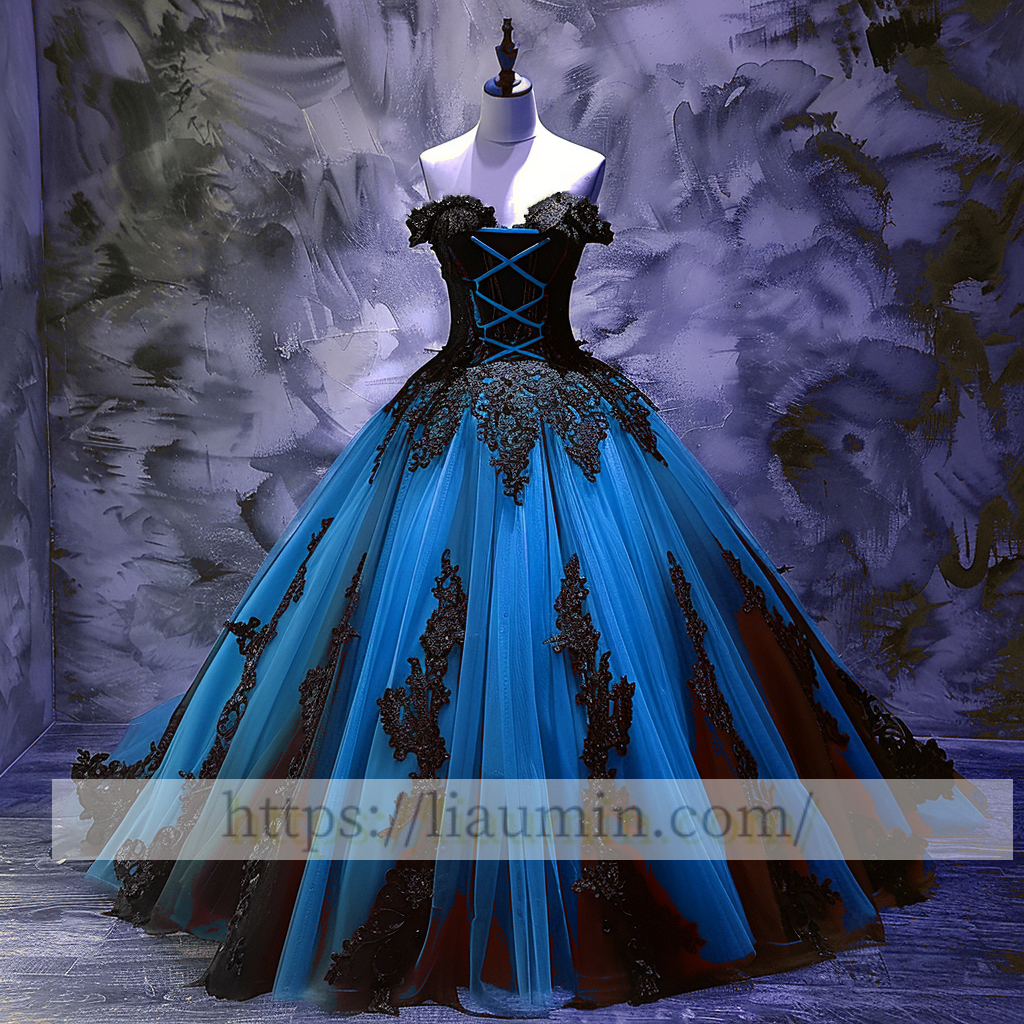 Black Lace Applique Strapless Full Length Evening Party Prom Princess Dress  W13-5