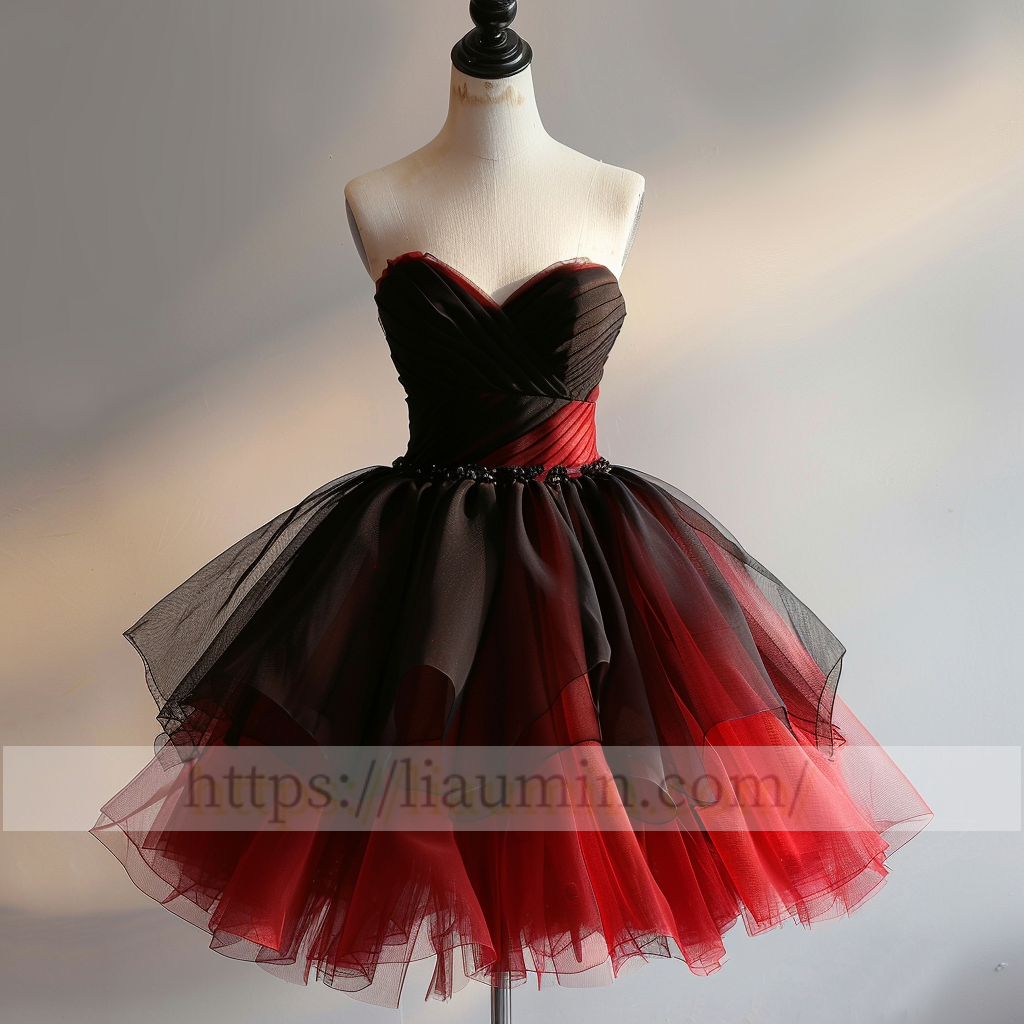 Red and Black Tulle Strapless Short Length Evening Prom Formal Princess Homecoming Dress Custom Color W15-5.3