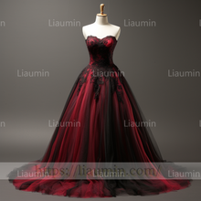 Load image into Gallery viewer, Custom Made Red Tulle Black Lace Applique Strapless Evening Party Prom Formal Dress B-5.3
