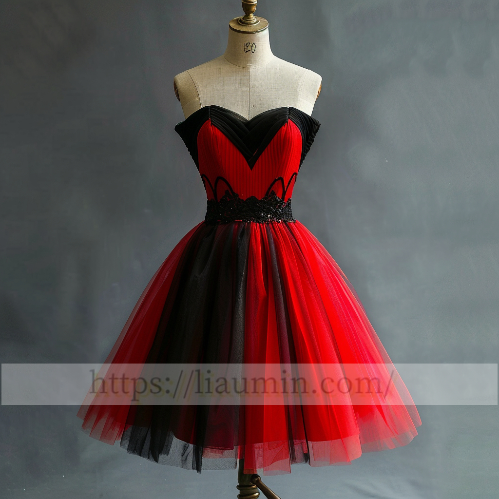 Red and Black Tulle Strapless Short Length Evening Prom Formal Princess Homecoming Dress Custom Color W15-5.4