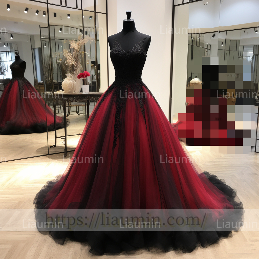 Hand Made Red Tulle Black Lace Applique Lace Up Back Evening Party Prom Formal Dress B-5.4