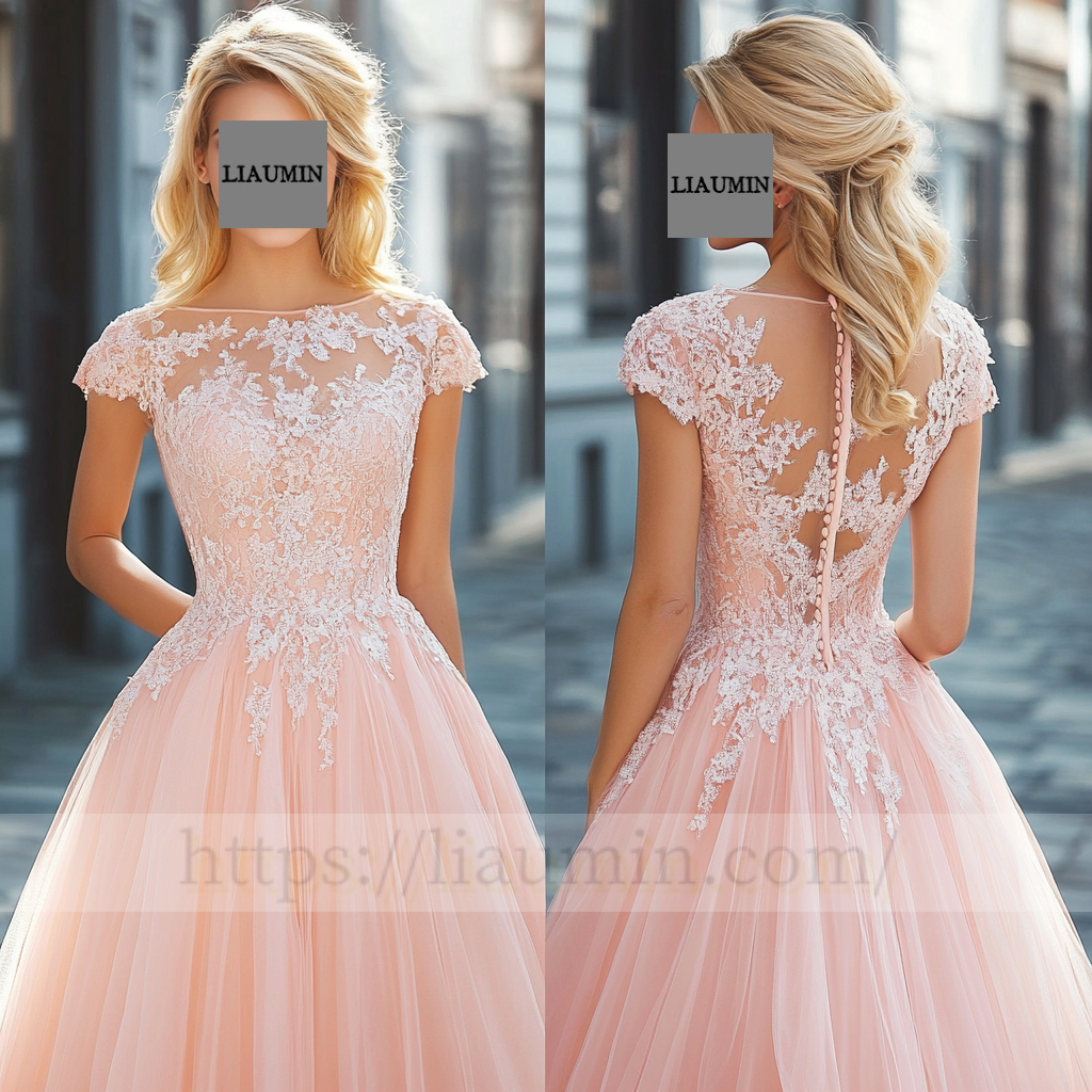 Custom Pink Tulle With Lace Applique Wedding Evening Prom Formal Lace Up Back Princess Dress C-5.4