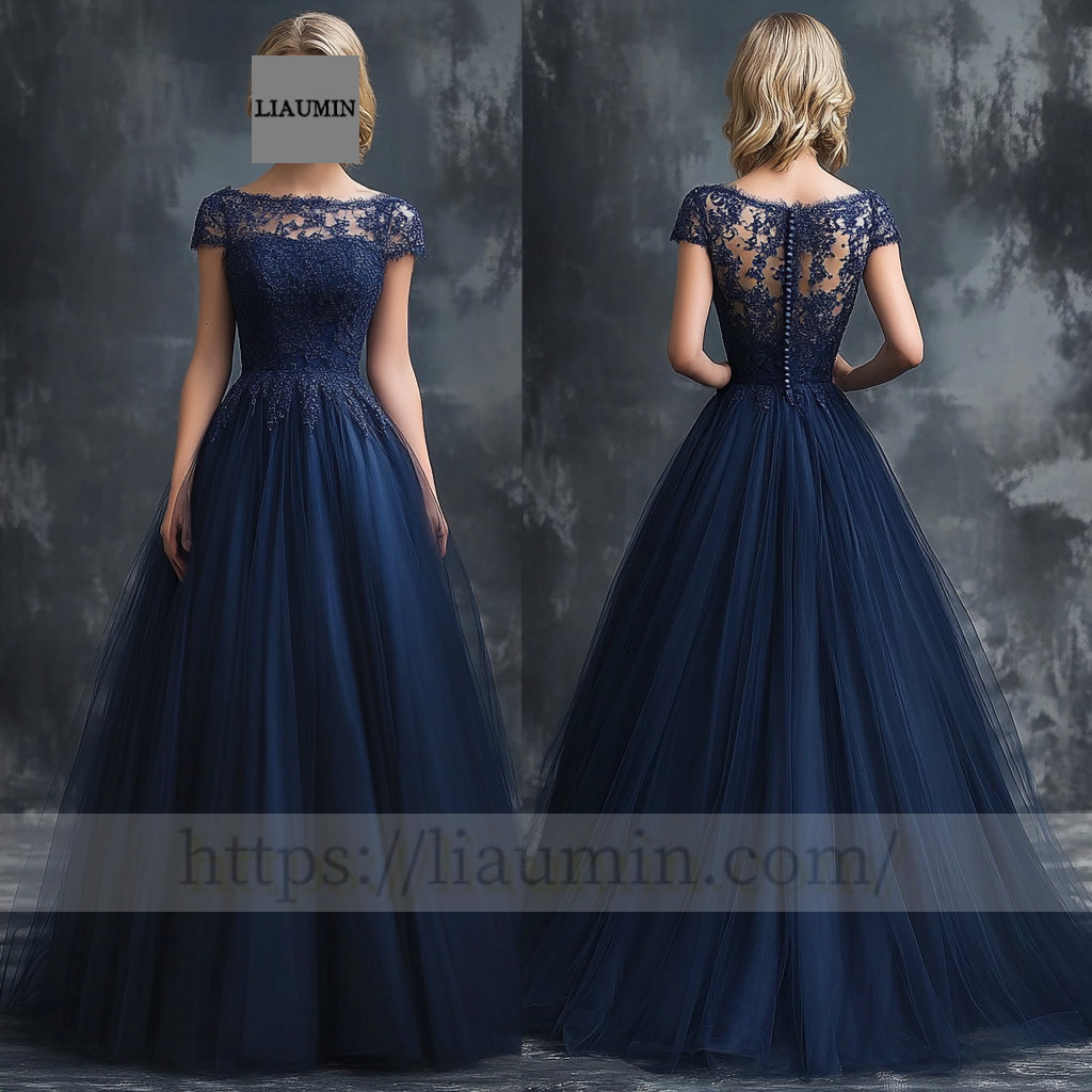 Custom Navy Blue Tulle With Lace Applique Wedding Evening Prom Formal Lace Up Back Princess Dress C-5.5