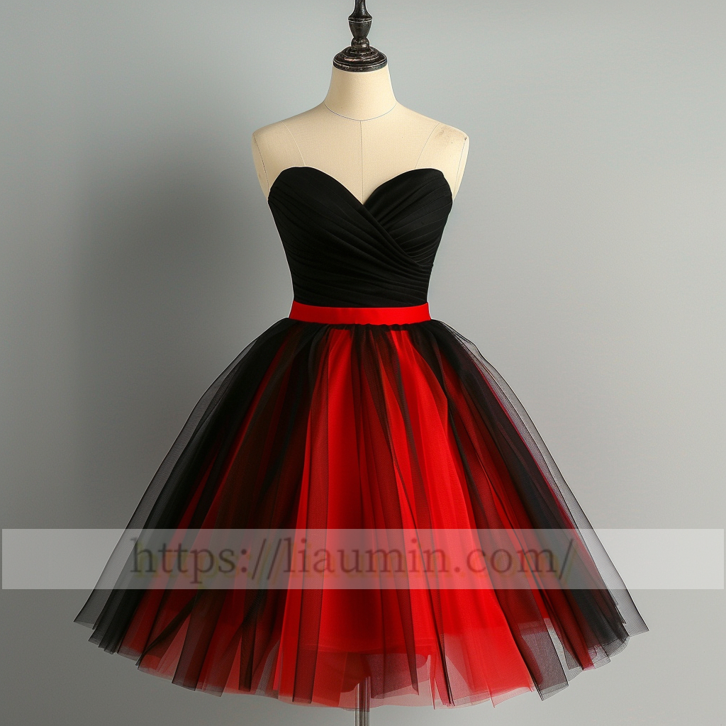 Red and Black Tulle Strapless Sweetheart Short Length Evening Prom Formal Princess Homecoming Dress Custom Color W15-5.5