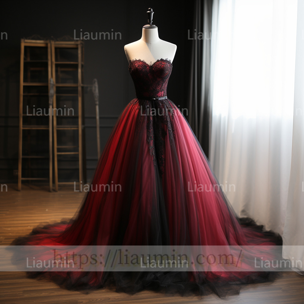 Custom Made Red Tulle Black Lace Applique Strapless Evening Party Prom Formal Dress B-5.5