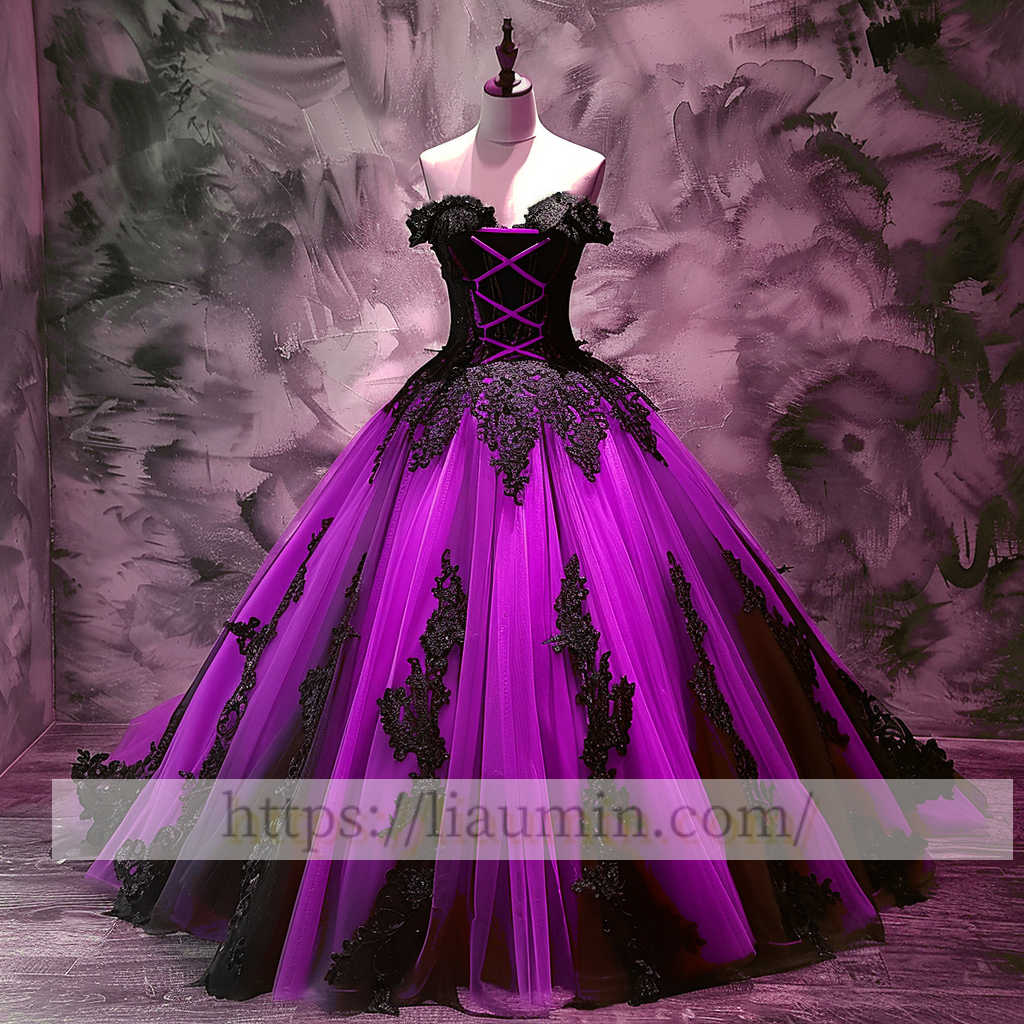 Black Lace Applique Strapless Full Length Evening Party Prom Princess Dress  W13-5