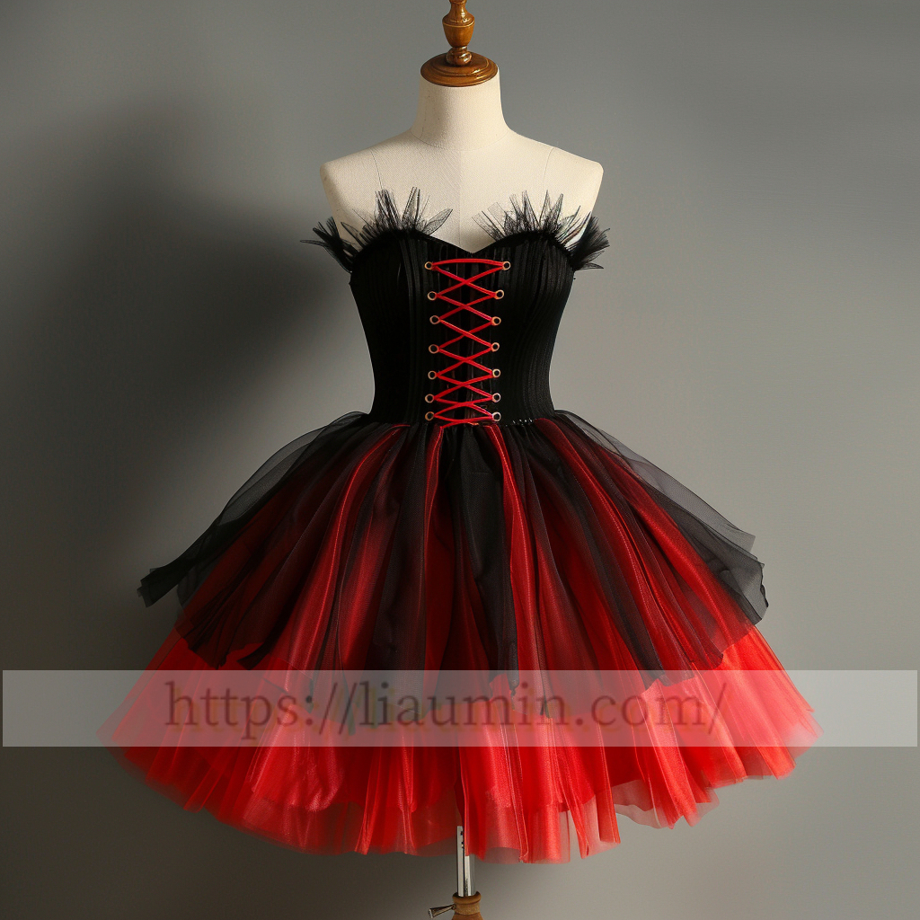 Red and Black Tulle Strapless Sweetheart Short Length Evening Prom Formal Princess Homecoming Dress W15-5.6