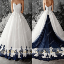 Load image into Gallery viewer, White Tulle With Lace Applique Strapless Floor Length Lace-Up Back Wedding Formal Prom Dresses Bridal Gown Customized Made W19.5
